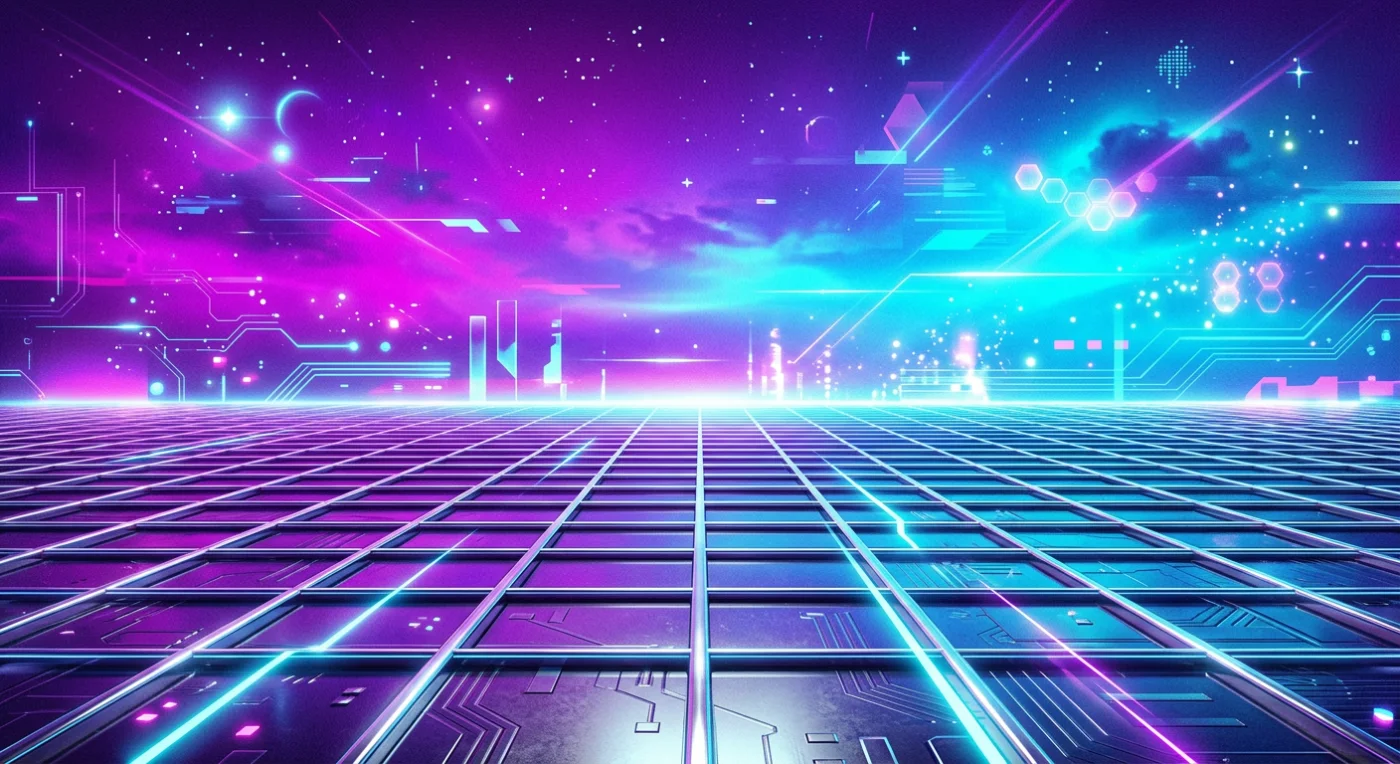Y2Kサイバーグリッドの抽象的な背景。光沢のあるクロムグリッドとネオンライトが広がる、Y2Kサイバーパンク風の抽象的なデジタル背景素材です。