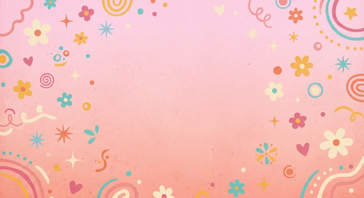 レトロポップでかわいいピンクのグラデーション背景。ピンクのグラデーションに花や星、ポップなイラストが散りばめられた、レトロでかわいい背景素材です。