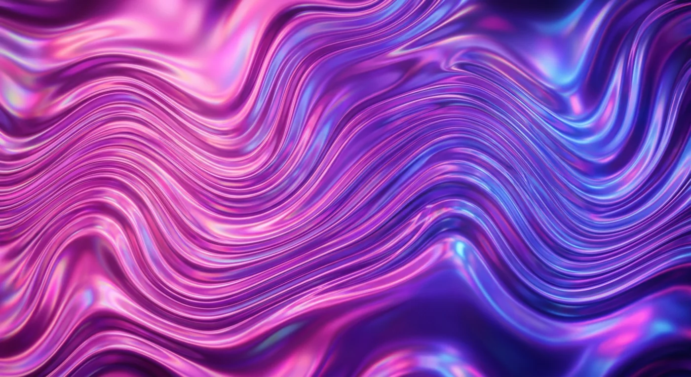 ホログラフィックな流体ウェーブ背景。光沢感のある虹色のウェーブが滑らかに流れる、未来的なアブストラクト背景素材です。