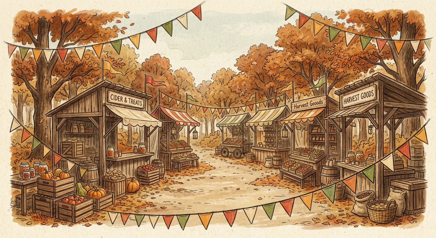 手描き風の秋の収穫祭マーケット背景。秋の紅葉と木製の屋台が並ぶ手描き風のマーケットを描いたイラスト背景素材です。