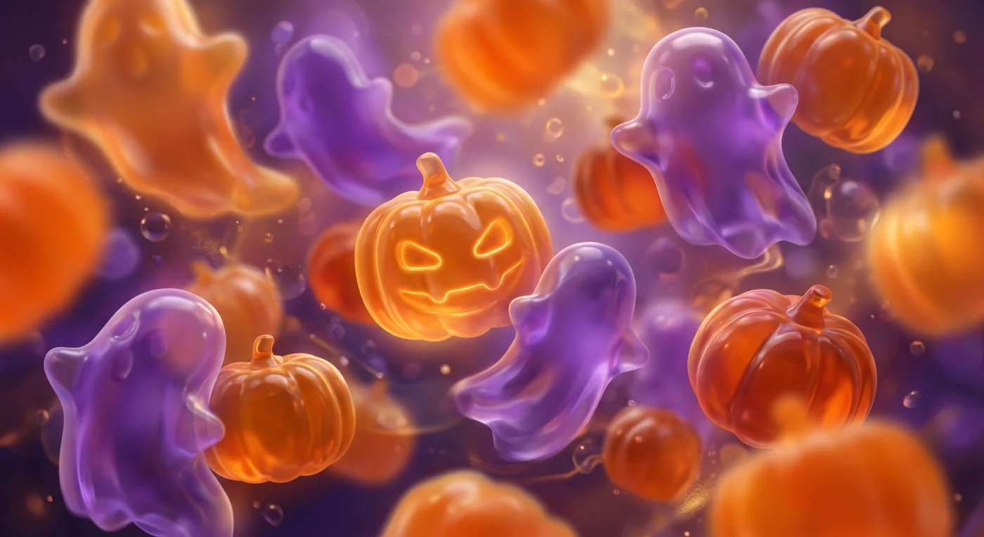 ゼリーやグミのように艶やかなハロウィンのカボチャとおばけの背景。ゼリーやグミのような質感の透き通るカボチャとおばけが浮遊する、幻想的でポップなハロウィン向け背景素材です。