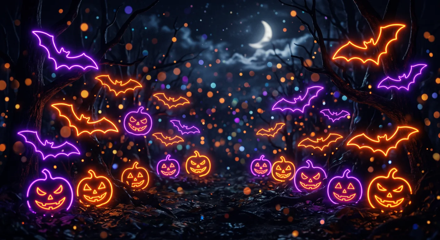ネオンが輝くハロウィンの夜の背景素材。オレンジとパープルのネオンに彩られたコウモリとカボチャが不気味に光る、ダークで幻想的なハロウィンの夜の背景素材です。