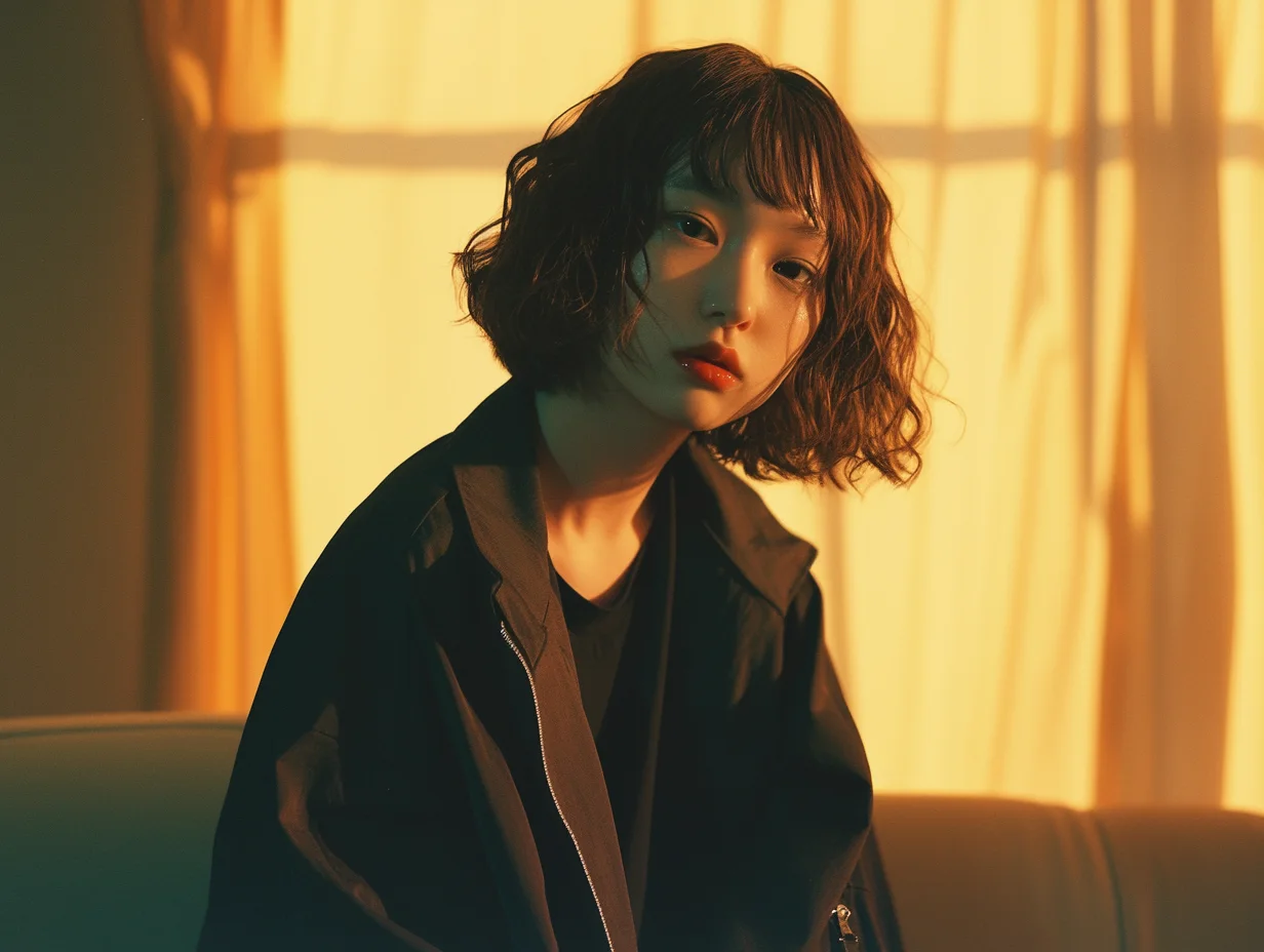 黄昏時のポートレート。黄色のカーテン越しに差し込む光が、黒い服を着た女性を照らすドラマチックなポートレート。