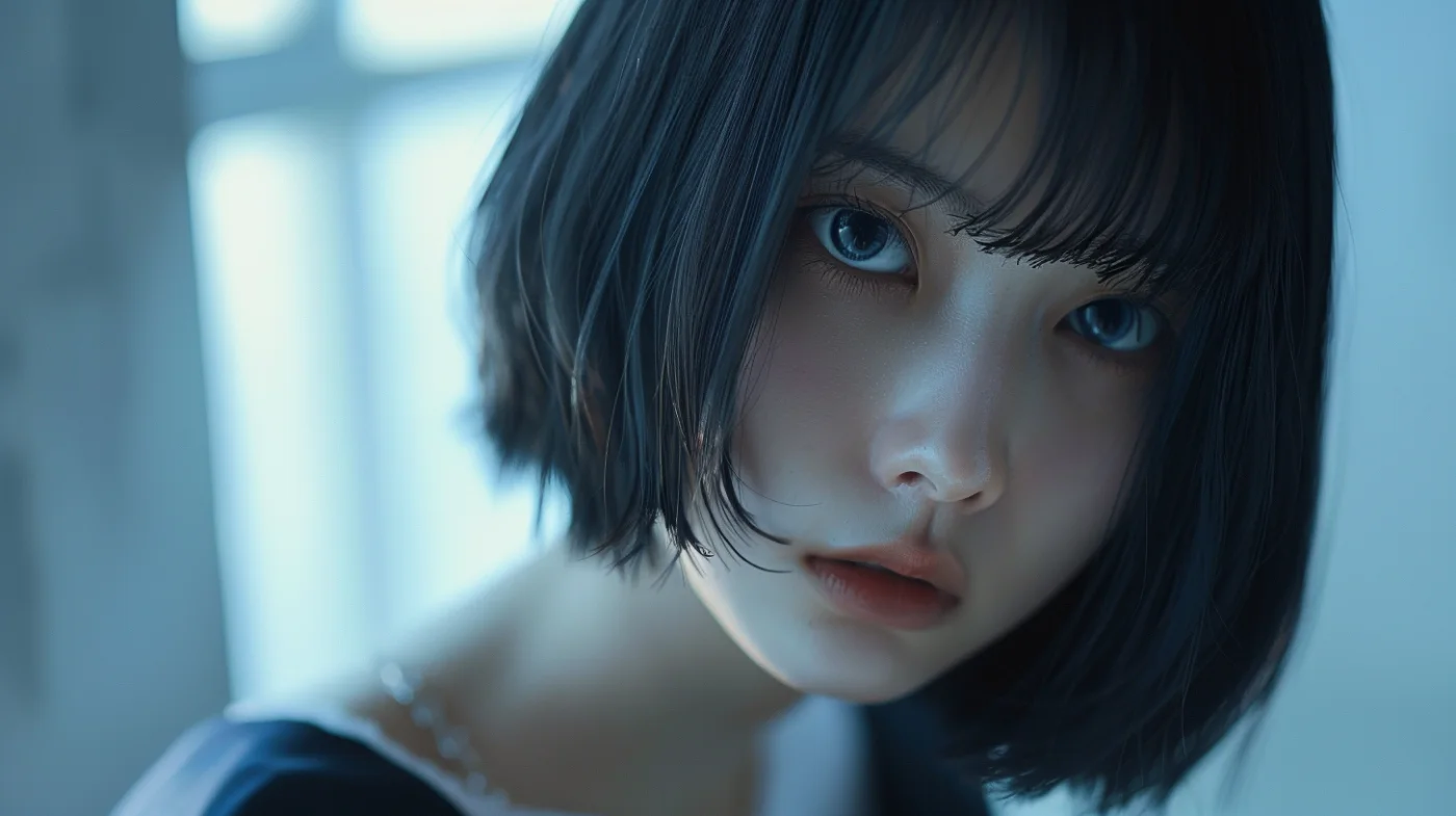 青い瞳のショートヘアの女性