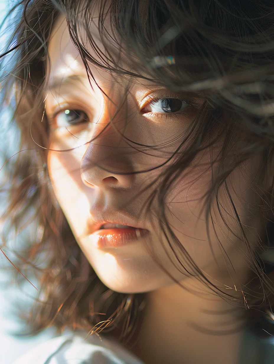 光と髪が織りなす、憂いを帯びた横顔。光が差し込み、髪が顔にかかる女性のクローズアップ写真。