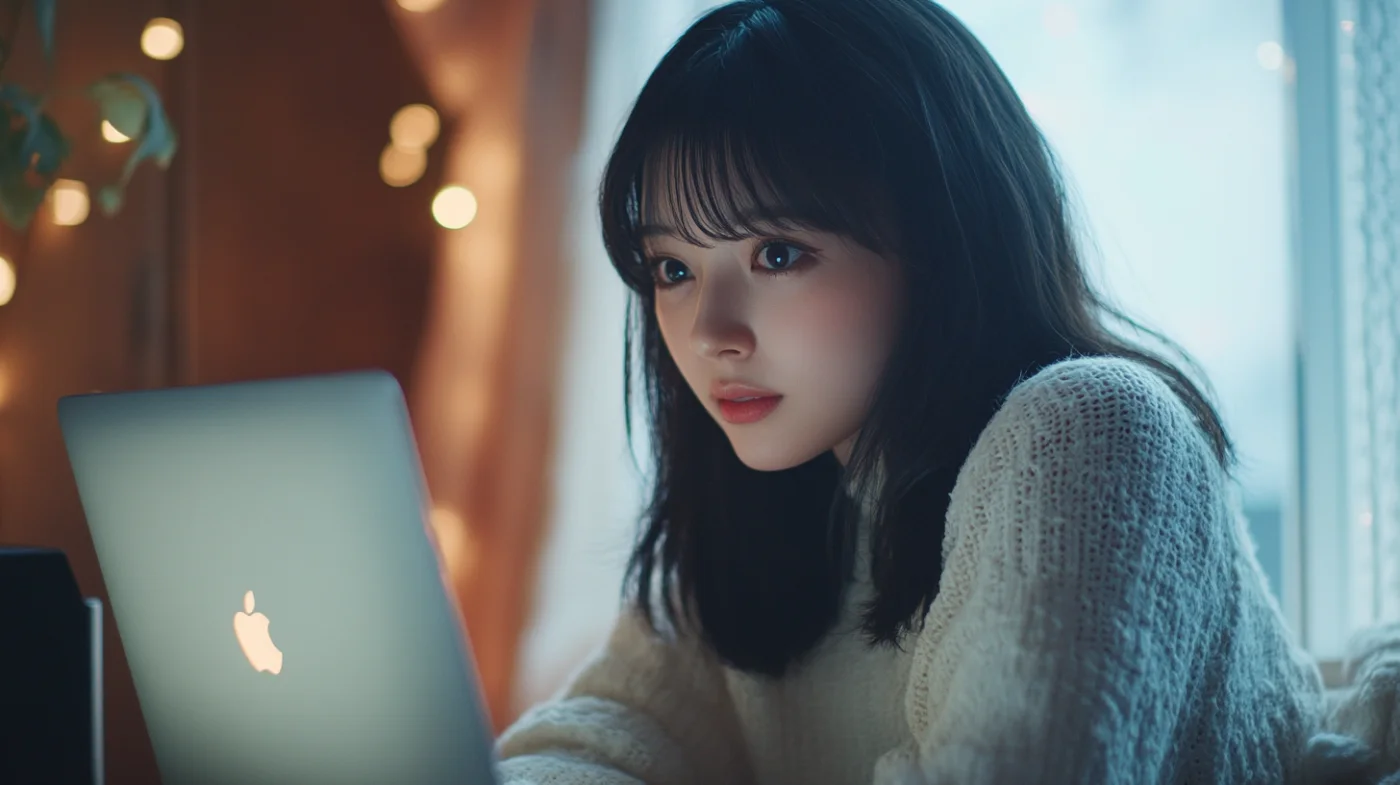 ノートPCでチャットする若い女性。窓際でノートパソコンを操作し、チャットをしている若い女性のクローズアップ。