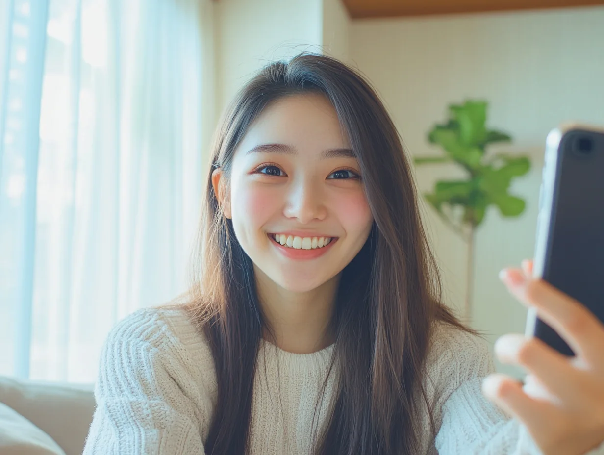 笑顔で自撮りを楽しむ若い女性のポートレート。明るい部屋でスマートフォンを使い、リラックスした笑顔で自撮りをする若い女性の姿です。