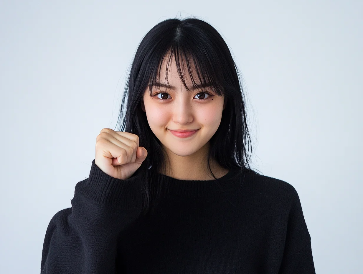 笑顔で拳を握る日本人女性のポートレート。黒いセーターを着た若い日本人女性が、優しい笑顔で力強く拳を握りしめているポートレート写真です。
