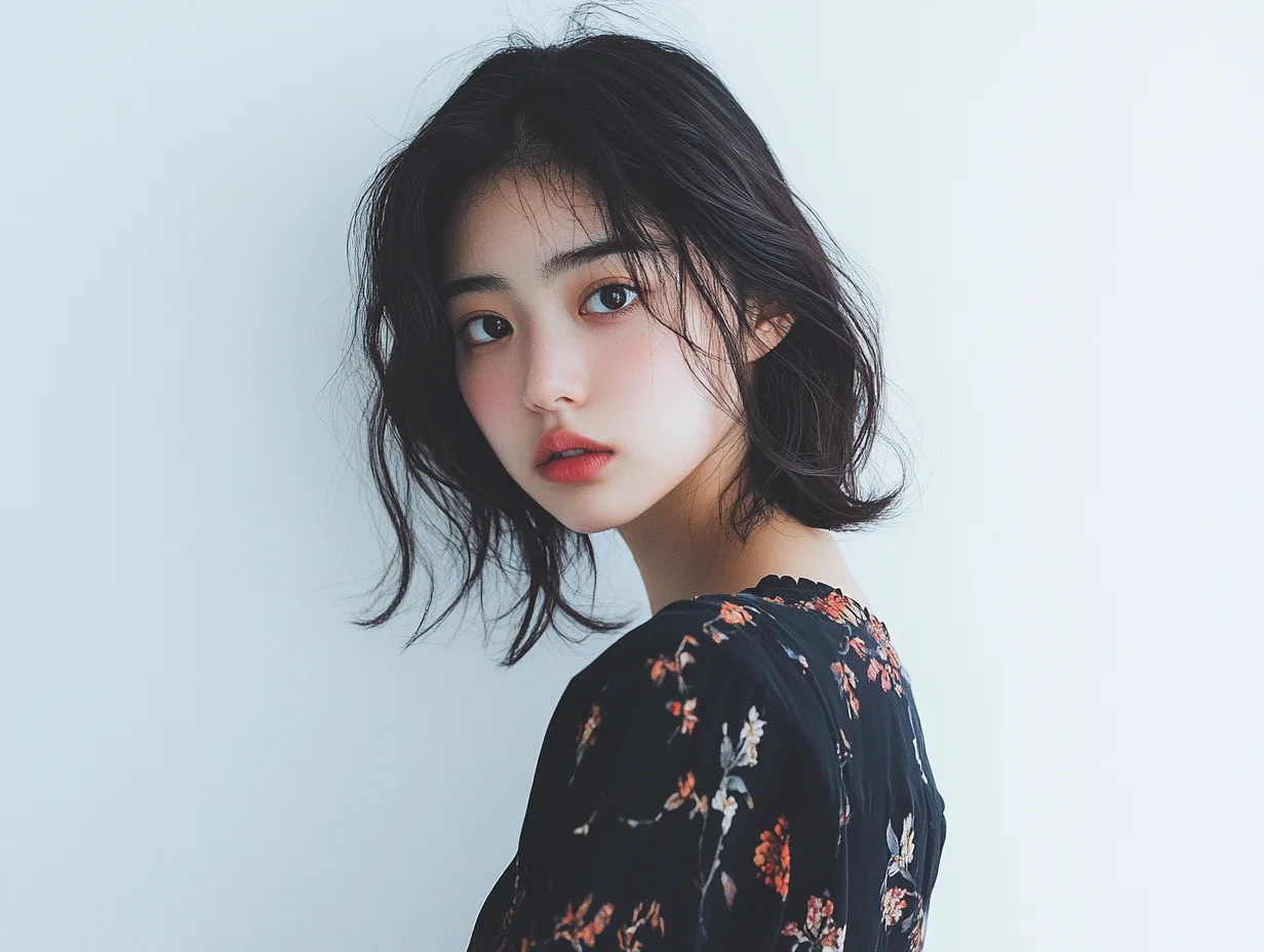 ショートヘアの女性の優しい視線 自然体ポートレート。清潔感のある白い背景の前で、黒い花柄ワンピースを着たショートヘアの若い女性が、柔らかな眼差しでカメラを見つめる美しいポートレート写真です。