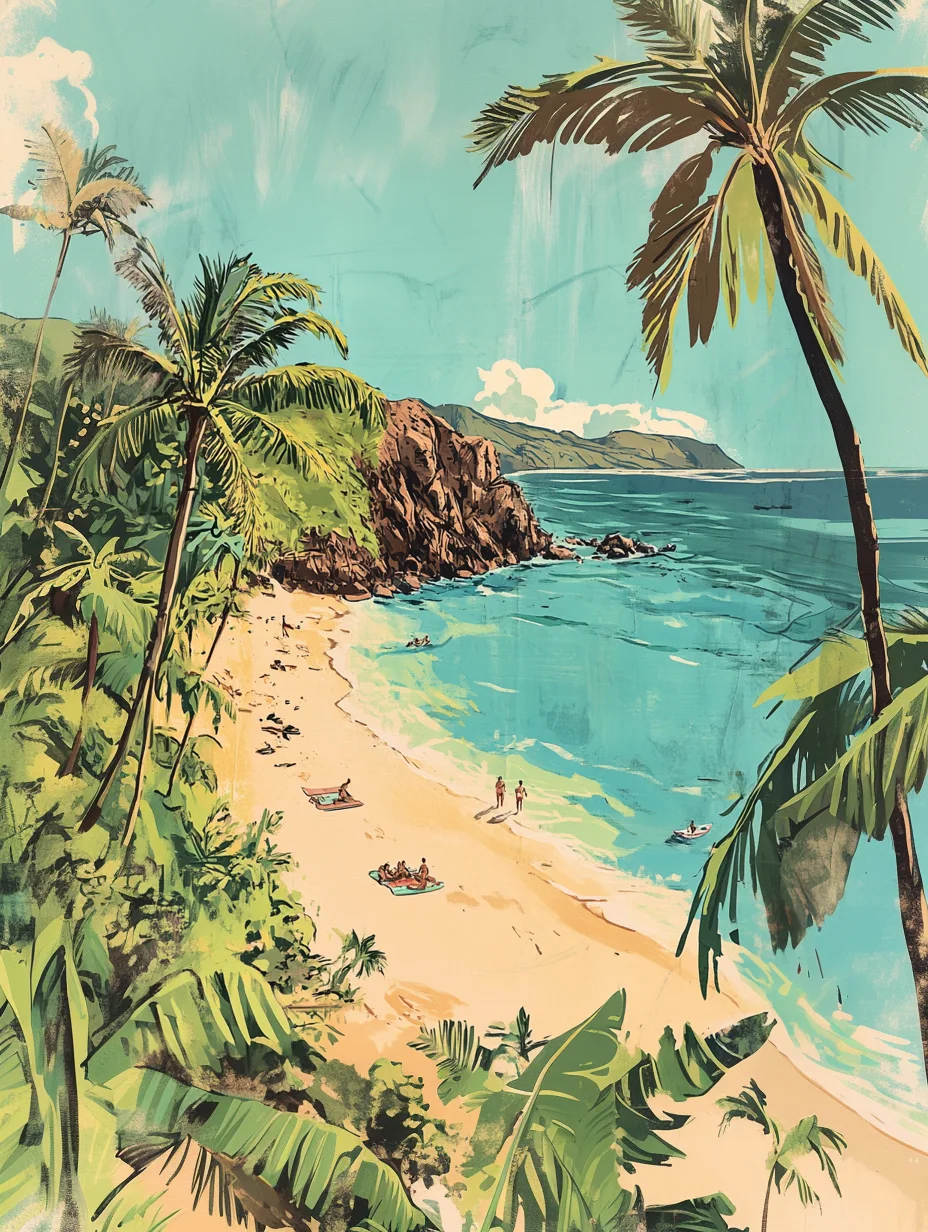 南国リゾートの美しいビーチとヤシの木イラスト。透き通るような青い海と白い砂浜、そよぐヤシの木が描かれた、夏のリゾート地を想起させるイラスト素材です。