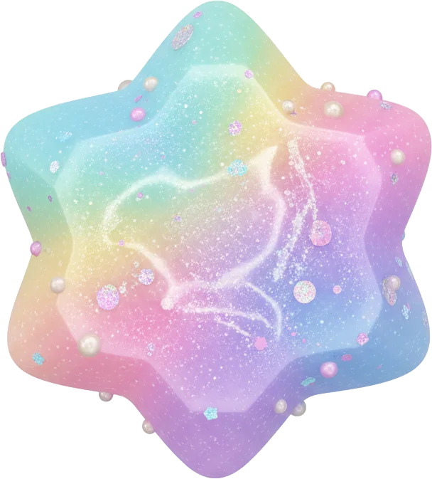ぷっくり可愛い虹色星型クリスタルキャンディの3D素材。パステルレインボーカラーのグラデーションが美しい、ぷっくりとした星型のクリスタルキャンディです。表面にはキラキラのラメやパールが散りばめられ、中央にはうさぎのような模様が浮かび上がっています。