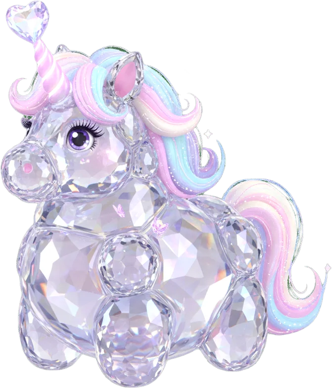 ぷっくりクリスタルユニコーン 夢かわいいキラキラ3D素材。キラキラと輝くクリスタルでできた、パステルカラーのたてがみが特徴的な、ぷっくりフォルムの夢かわいいユニコーン3Dイラストです。