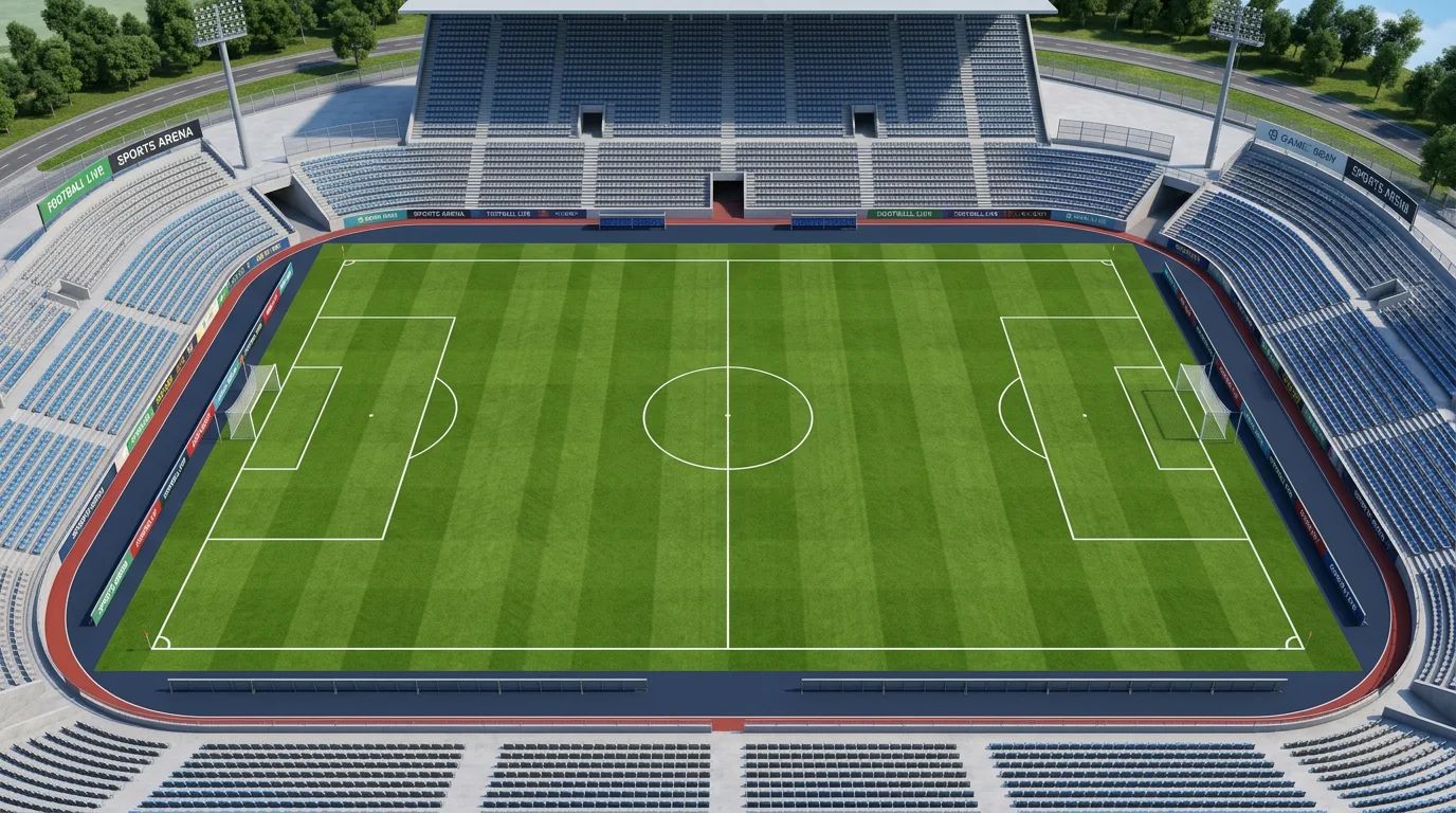 3D俯瞰視点 サッカー競技場：広大な無人スタジアム。広大な観客席を備えたサッカー競技場を上空から見下ろす3Dレンダリング画像で、試合前の静けさやゲーム背景に最適です。