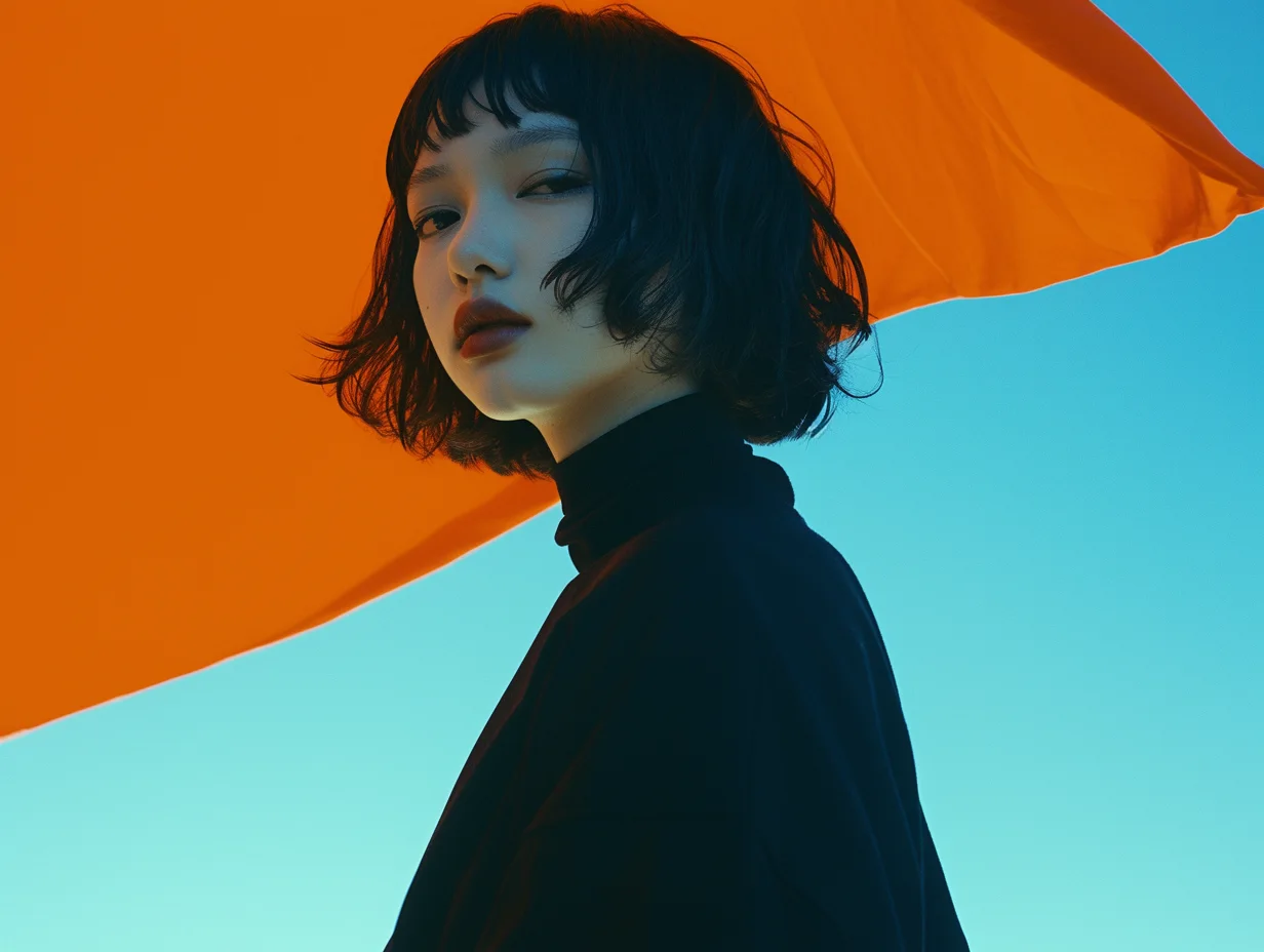 オレンジと青空を背景にクールな表情のショートヘア女性ポートレート。鮮やかなオレンジ色の布と澄み渡る青空を背景に、ショートボブの女性がクールな眼差しで佇む、スタイリッシュなポートレート素材です。