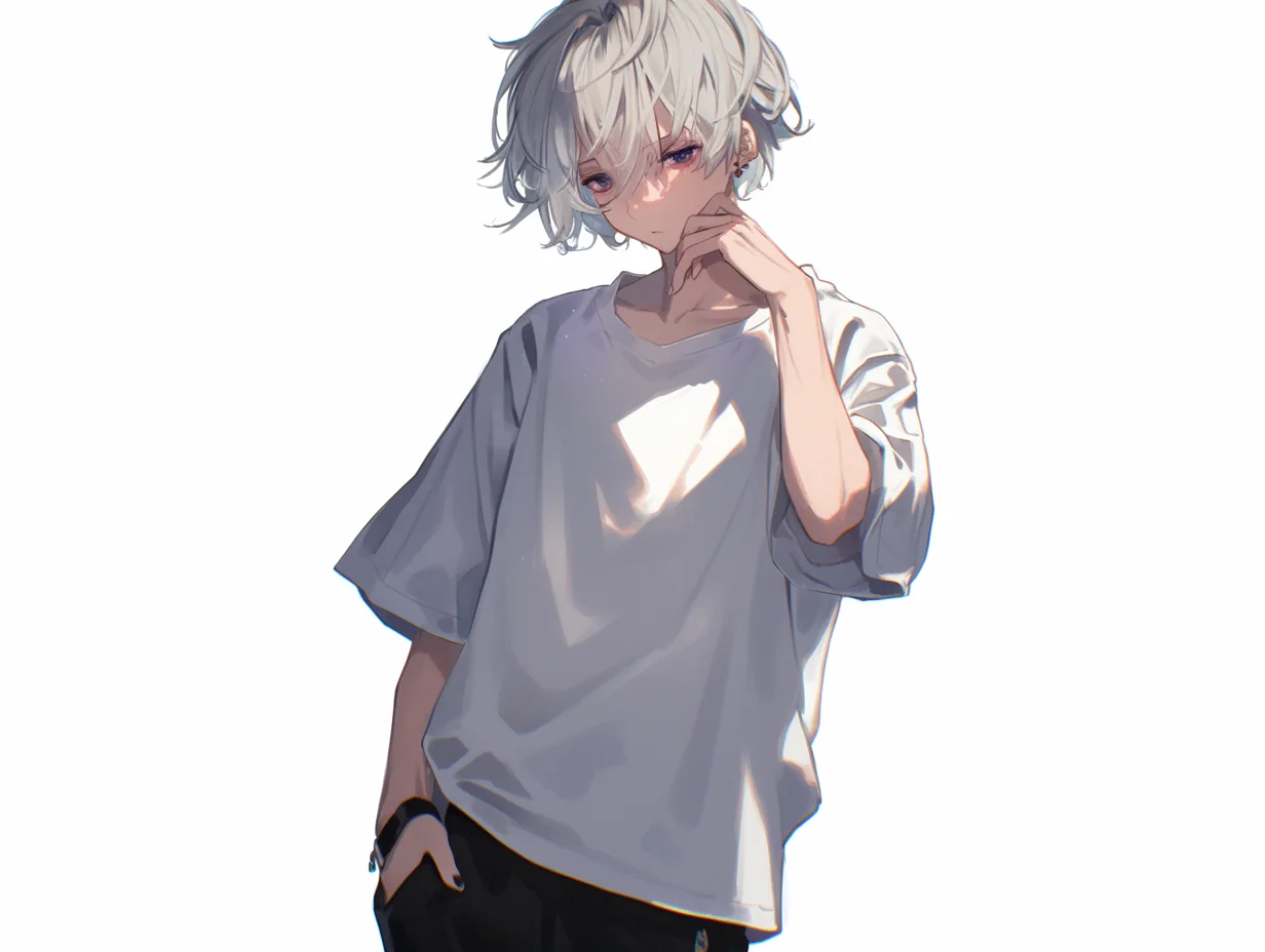 白いTシャツの銀髪少年：クールで物憂げなアニメ風ポートレート。白いTシャツを着た銀髪の少年が、物憂げな表情で佇む、現代的なアニメスタイルのイラスト素材です。