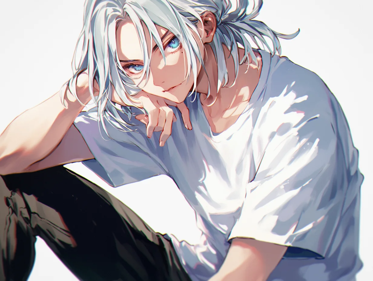 銀髪の美少年と青い瞳：白Tシャツのクールなイラスト。白Tシャツを着た銀髪の美少年が、頬杖をついてクールな表情を浮かべるイラスト素材です。鮮やかな青い瞳と透明感のある雰囲気が魅力で、シンプルな構図ながらも引き込まれるような存在感を放ちます。ウェブサイト、ブログ、SNSのアイキャッチなど、様々なデザイン