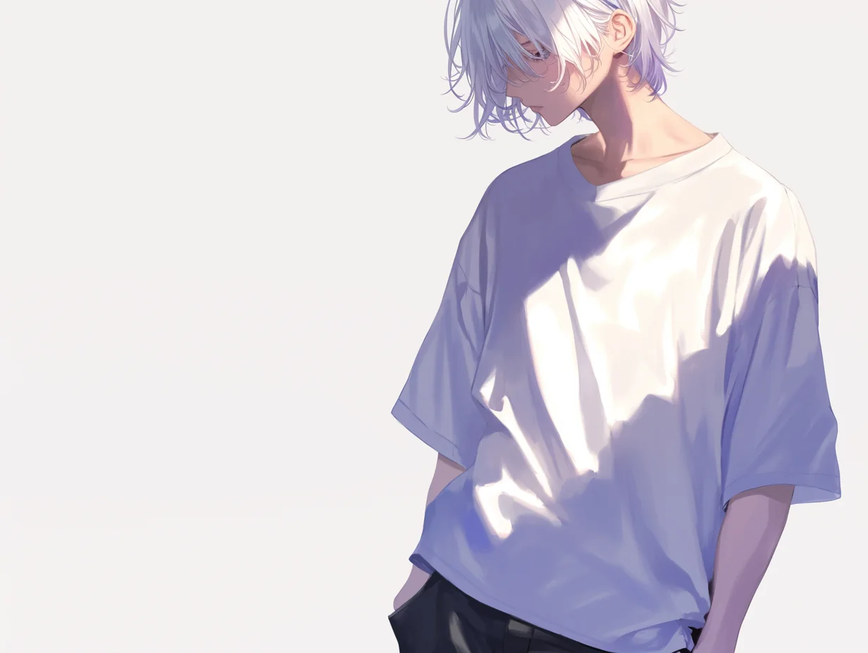 光と影が美しい白Tシャツの少年イラスト素材。白いTシャツを着た銀髪の少年が俯く、光が繊細に表現された透明感あふれるイラスト素材です。