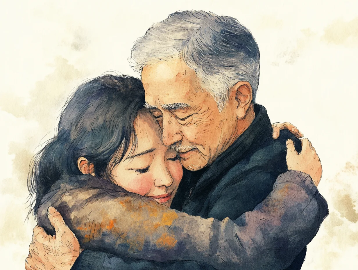温かい抱擁：世代を超えた絆を感じる水彩イラスト。優しい水彩画のタッチで描かれた、高齢の男性と若い女性が深く抱き合う心温まるイラストレーションです。