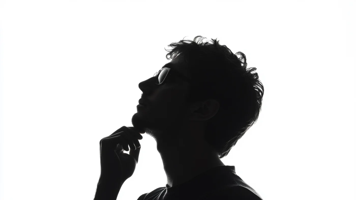 未来を見つめ思案する男性のシルエット。白い背景に、顎に手を当てて上方を見上げ、未来やアイデアについて思案する男性の横顔のシルエット画像です。