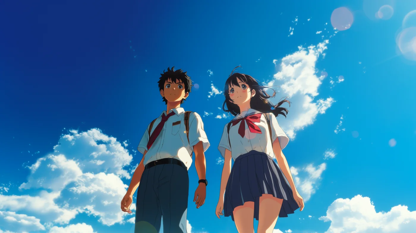 青空を見上げる男女学生のイラスト素材。澄み切った青空を背景に、希望に満ちた表情で未来を見上げる男女学生のアニメ風イラストです。
