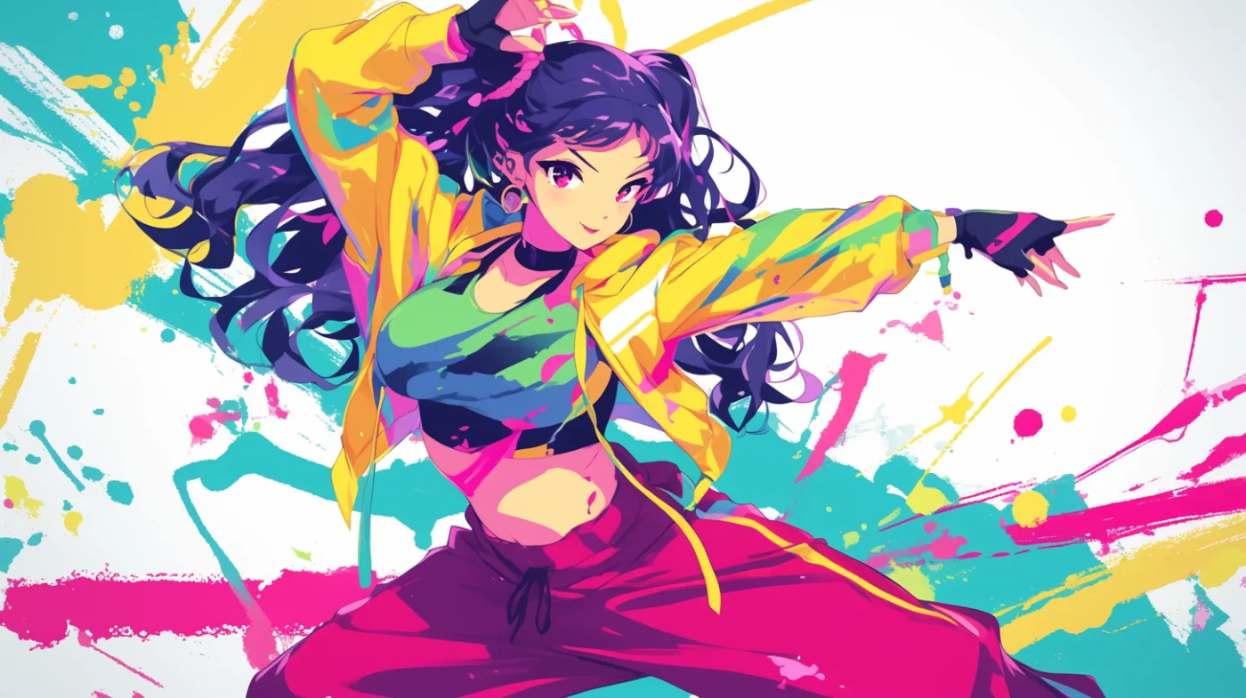 躍動感あふれるダンサーガールイラスト。カラフルなペンキが飛び散る背景をバックに、躍動感あるポーズで踊る女性キャラクターを描いたイラスト。ヒップホップやストリートカルチャーの雰囲気を表現するのに役立ちます。