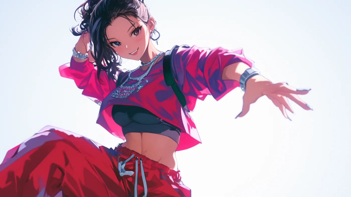 躍動感あふれる笑顔の女性ダンサーAIイラスト（ストリートファッション）。白い背景に映えるピンクと赤のストリートファッションを身につけ、躍動感あふれる笑顔でポーズをとる女性ダンサーのAIイラスト素材です。