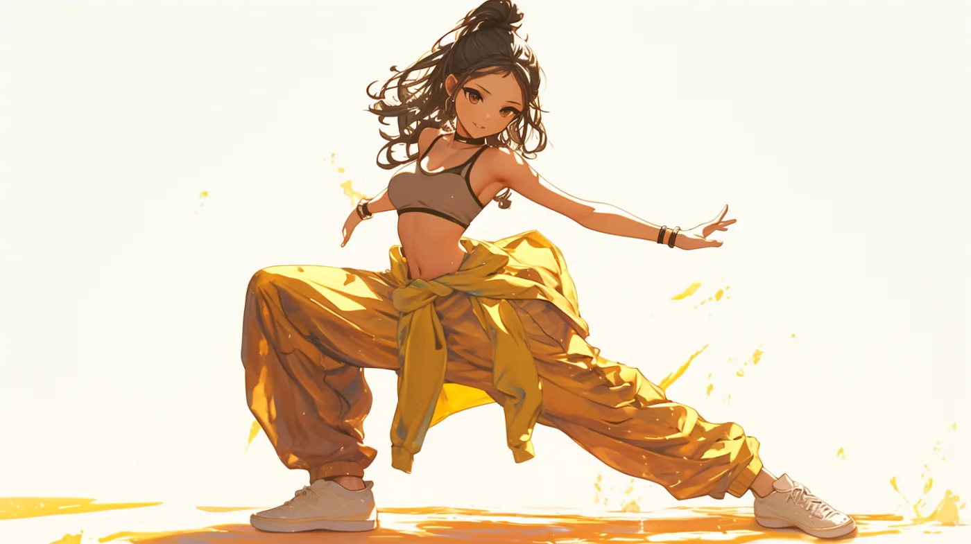 躍動するダンサー：黄色いパンツの女性イラスト素材。明るい背景に、躍動感あふれるダンスポーズで立つ女性のイラスト素材です。黄色のカジュアルなパンツとスポーツブラを着用し、エネルギッシュな印象を与えます。ストリートダンスや運動、若々しさを表現するデザインに最適です。