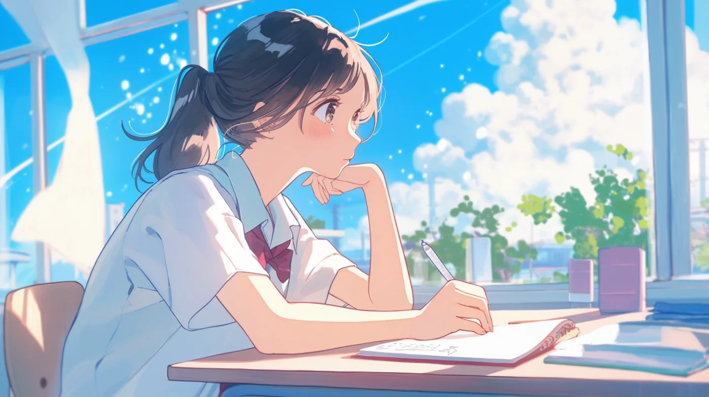 窓辺で物思いにふける女子高生のイラスト。明るい日差しが差し込む教室の窓際で、勉強中にふと窓の外を眺める女子生徒の爽やかなイラストです。