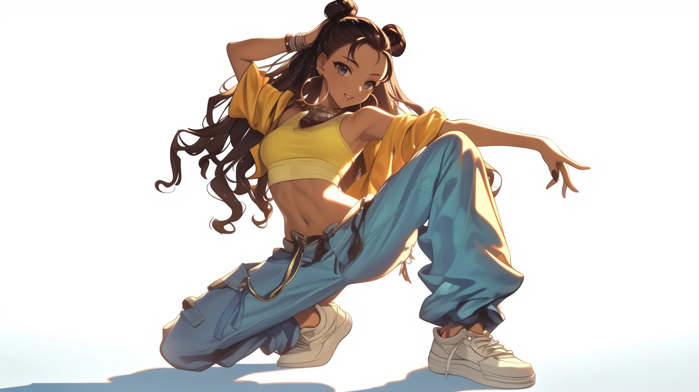 ストリートファッションでダンスポーズを決める褐色肌の女性イラスト。黄色のトップスと水色のパンツを着用した褐色肌の女性が、白い背景の前で躍動感あふれるダンスポーズを見せているイラストです。
