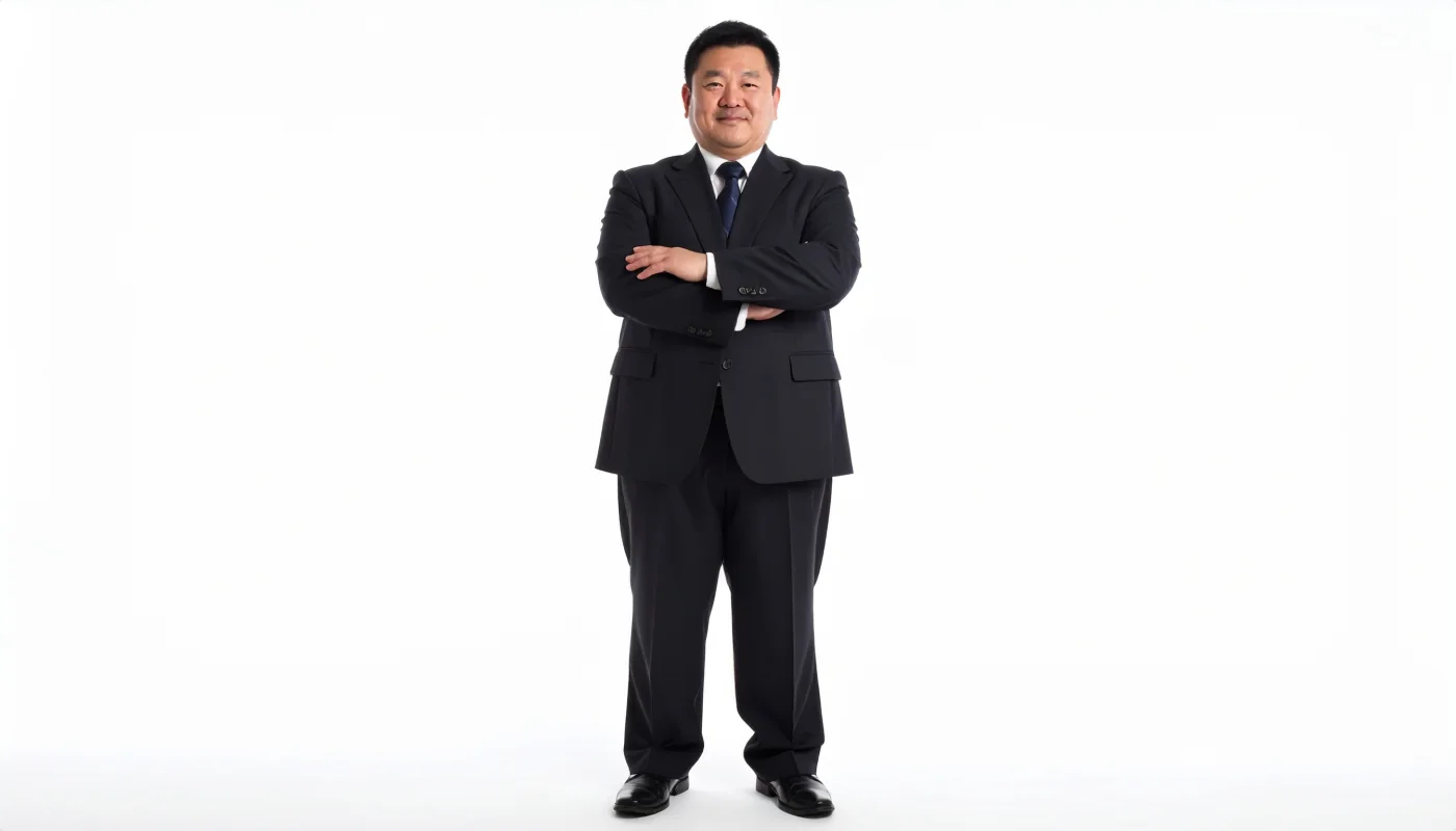腕組みをするスーツ姿の中年男性。白い背景で、紺色のスーツを着て腕を組んでいる中年男性の正面からの全身写真です。