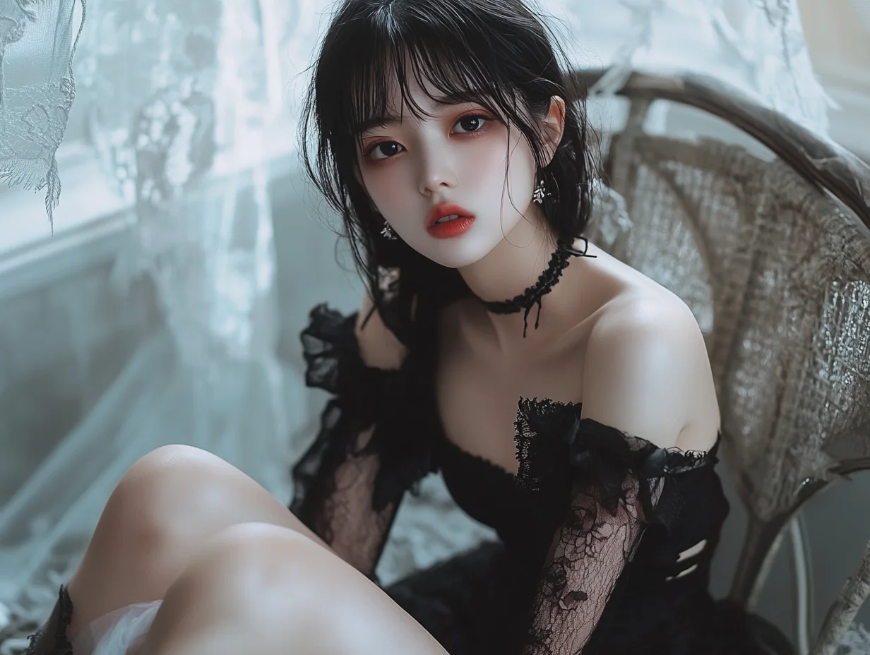 レースの黒ドレスとチョーカーが魅力的な幻想的ポートレート