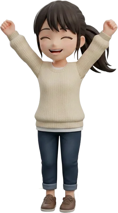 喜びを表現する女性の3Dキャラクターイラスト。目標達成や成功の瞬間を全身で喜び、腕を高く上げて笑顔を見せる若い女性の3Dイラスト素材です。