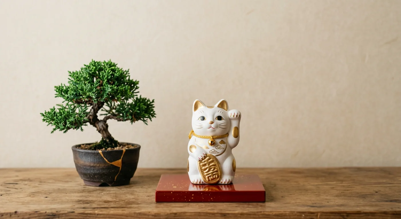 金色の招き猫とミニ盆栽が彩る和風インテリア