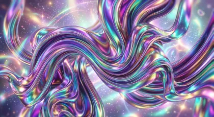 ホログラフィックな輝きを放つ抽象的なY2K背景素材。光沢のあるメタリックなウェーブと幻想的な宇宙空間が融合した、Y2Kスタイルの美しい抽象背景素材です。