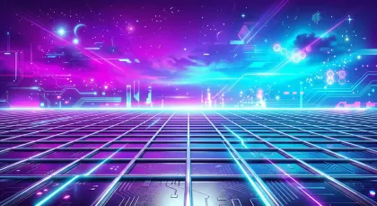 Y2Kサイバーグリッドの抽象的な背景。光沢のあるクロムグリッドとネオンライトが広がる、Y2Kサイバーパンク風の抽象的なデジタル背景素材です。