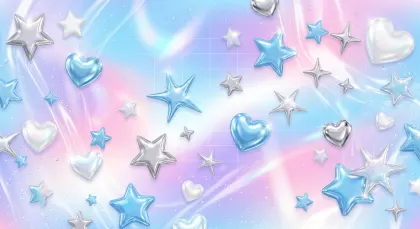 Y2K風オーロラ背景とぷっくり星とハートのイラスト。パステルカラーのオーロラ背景に、光沢感のあるシルバーとブルーの星やハートが散りばめられた、Y2Kスタイルのポップで可愛い背景素材です。