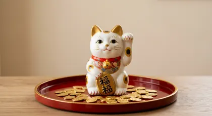 金運を招く縁起の良い白と金の招き猫の置物。赤いお盆の上にお金と共に飾られた、白と金を基調とした福を呼ぶ招き猫の置物の写真素材です。