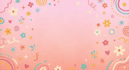 レトロポップでかわいいピンクのグラデーション背景。ピンクのグラデーションに花や星、ポップなイラストが散りばめられた、レトロでかわいい背景素材です。