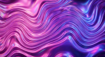 ホログラフィックな流体ウェーブ背景。光沢感のある虹色のウェーブが滑らかに流れる、未来的なアブストラクト背景素材です。