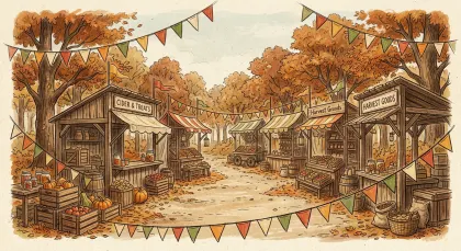 手描き風の秋の収穫祭マーケット背景。秋の紅葉と木製の屋台が並ぶ手描き風のマーケットを描いたイラスト背景素材です。