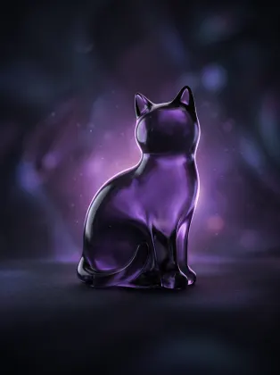ガラス細工のような透明感のある黒猫のシルエット。紫色の光を背景に浮かび上がる、ゼリーやガラスのように艶やかな黒猫のシルエットを捉えた美しい抽象的な画像素材です。