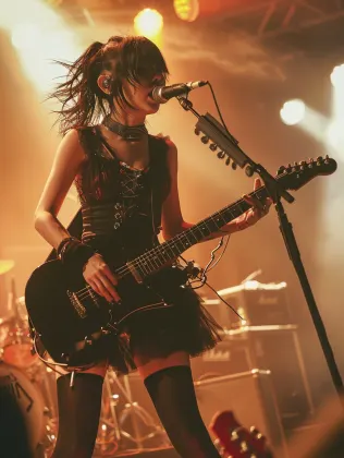 ライブでギターを弾く女性ボーカル。ライブ会場でマイクに向かって歌いながらギターを演奏する女性ボーカルの全身カット。