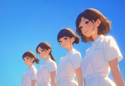 青空と白い制服の女性たち