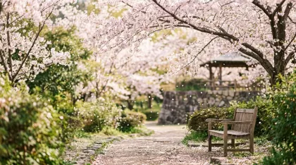 桜舞い散る公園の小道と木製ベンチ